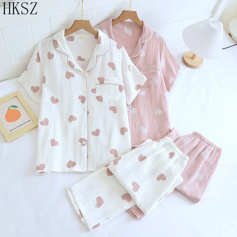 

Spring/autumn Love Pattern Washed Crepe Women Pajama Sets New Thin Two-piece Set Summer Short Sleeve Trousers Cotton Home Wear