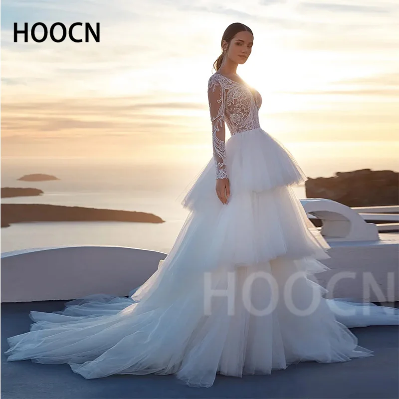 

HERBURNL Temperament Wedding Dress Long Sleeves Round Neck Lace Appliqué Simple Tulle New Wedding Dress Vestido de casamento