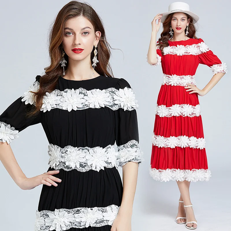 

Fashion Designer Summer Red Temperament Dress Women's Short Sleeve Splicing Lace Applique Elegant Waist Princess Style D874