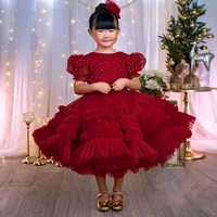 burgundy puffy flower girl dress lantern sleeves birthday party gown custom made fashion show first communion dress