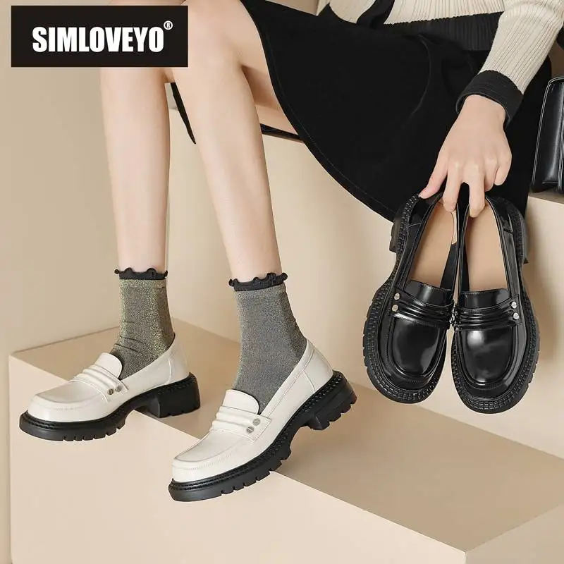 

SIMLOVEYO летние туфли типа мокасин из телячьей кожи для женщин круглый носок толстая подошва 4,5 см слипоны лаконичные туфли-лодочки большой размер 40 41 42 Досуг школьная обувь