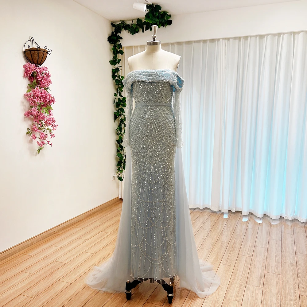

Elegant Sky Blue Mermaid Pearls Evening Dress for Women 2023 Long Sleeves with Detachable Train Formal Prom Wedding Party Gowns