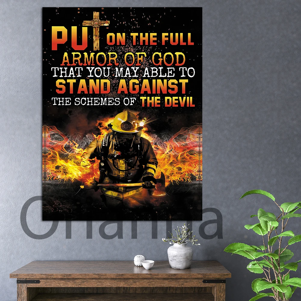 

Put On the Full Armor of God-Ephesians 6:11-Bible Verse Wall Art Firefighter Art Prints Scripture Fire Fighter Poster Home Decor
