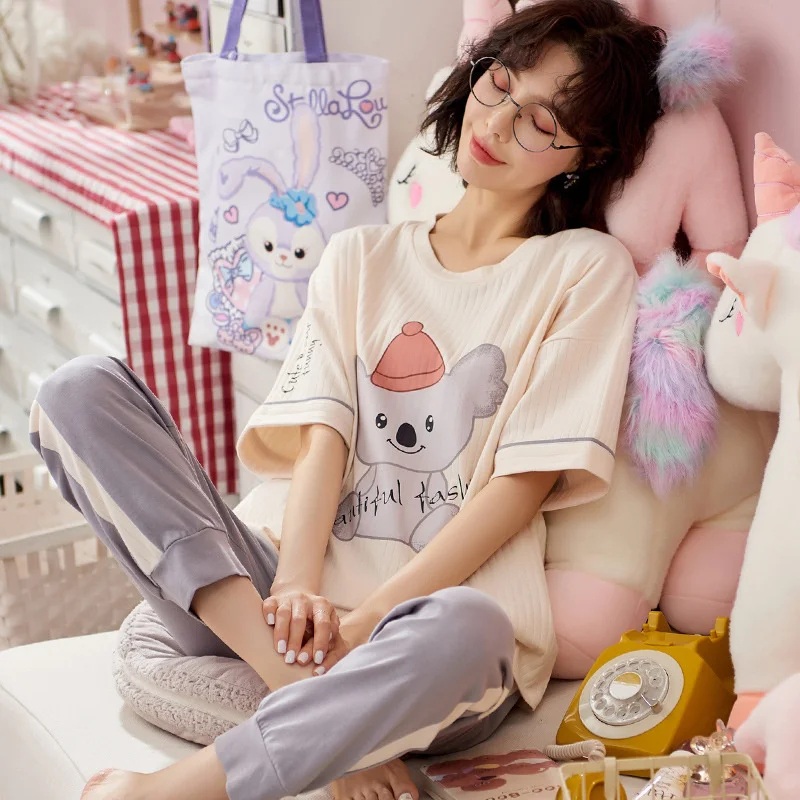 pajamas women's spring  summer cotton thin short sleeved trousers round sweet  lovely collar  casual home clothes