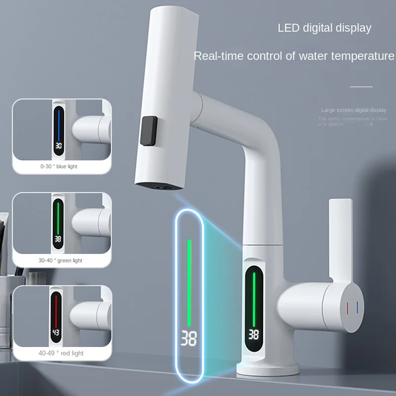 

New Pulling Lifting Digital Display Faucet Waterfall Basin Faucet Stream Sprayer Hot Cold Water Sink Mixer Wash Tap for Bathroom