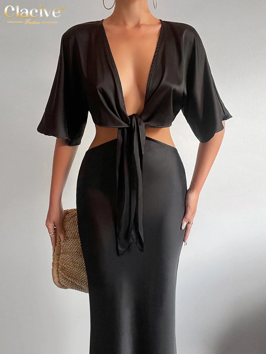 

Clacive Sexy Black Satin Summer Dress Bodycon Lace-Up V-Neck Short Sleeve Midi Dress Elegant Backless Party Dresses For Women