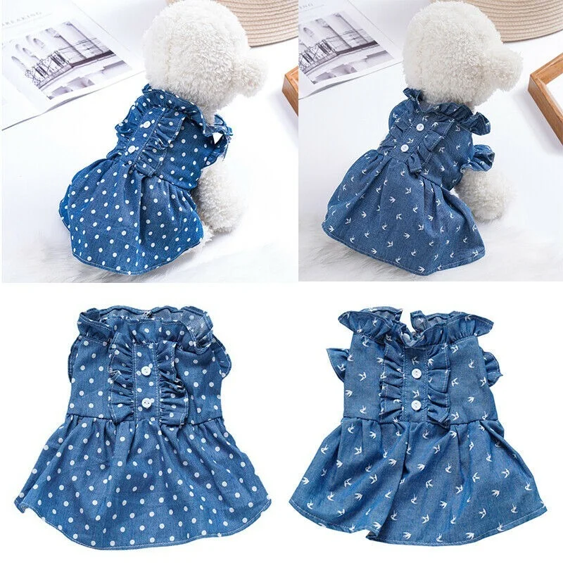 

Dog Clothes Puppy Cat Denim Dress Pet Dogs Ruffles Skirts Princess Dresses
