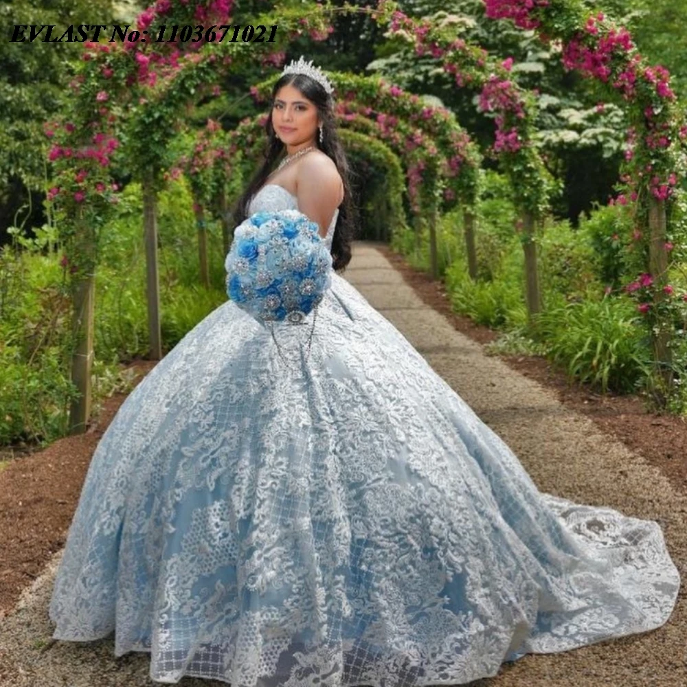 EVLAST принцесса небесно-голубое платье Quinnceanera бальное блестящее кружево