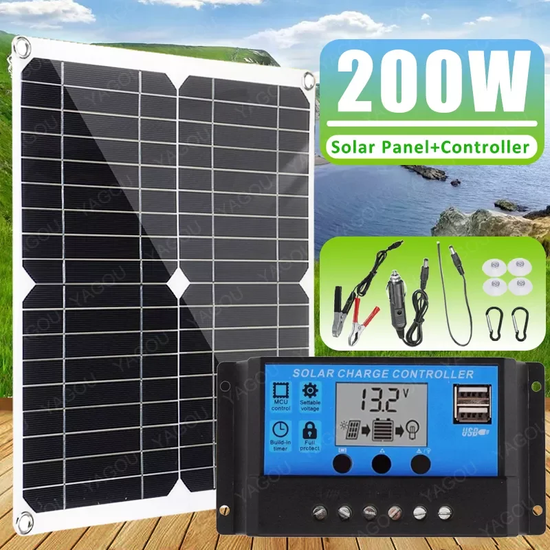 

2023New 200W Solar Panel Kit Complete 12V Solar Plate 60A Controller Cell Battery Charger Dual USB Solar Energy Systems Boat Pow
