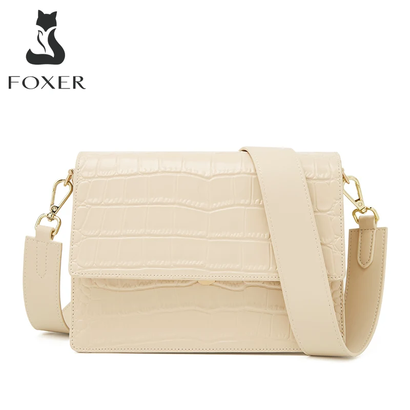 FOXER Female Fashion Split Leather Two Straps Shouder Bag Women's Crocodile Pattern Crossbody Bag Casual Lady Soft Messenger Bag