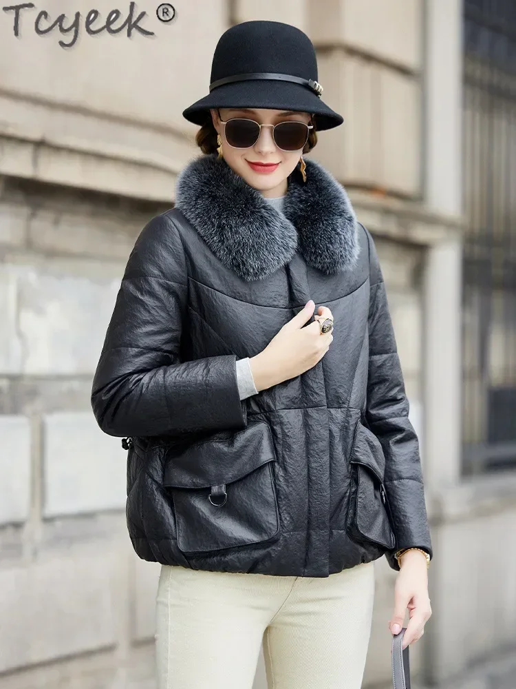 Женский пуховик из натуральной кожи Tcyeek зимний теплый с воротником натурального