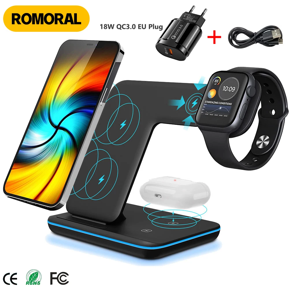 Беспроводное зарядное устройство 3 в 1 Подставка 15 Вт док-станция для быстрой