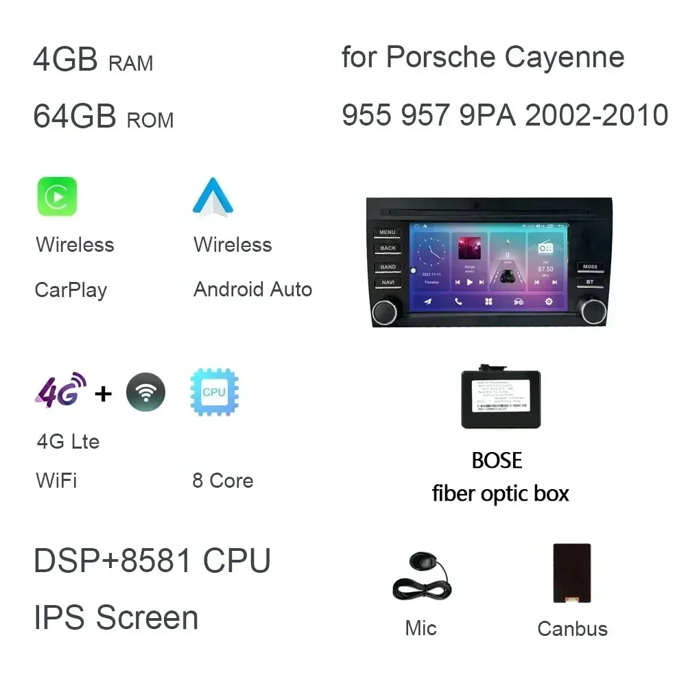 

7 "Carplay DSP IPS Android 13.0 8 ГБ + 128 ГБ 8-ядерный мультимедийный плеер GPS-радио Wi-Fi для Porsche Cayenne 955 957 9PA 2002-2010