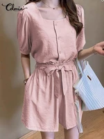 celmia fashion summer two piece sets casual loose women korean puff short sleeve square collar tops and shorts suits short sets