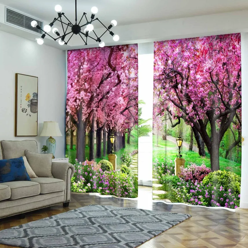 

Cherry Blossoms Window Curtain Living Room Nature Landscpe Blackout Roman Eyelet Door Curtains Left and Right Biparting Open
