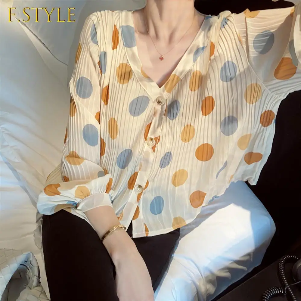 

Women Blouses Long Sleeve Polka Dots Elegant Tender Fashion V-neck Single Breasted Chiffon Loose Casual Shirts Folds Sweet S-3XL
