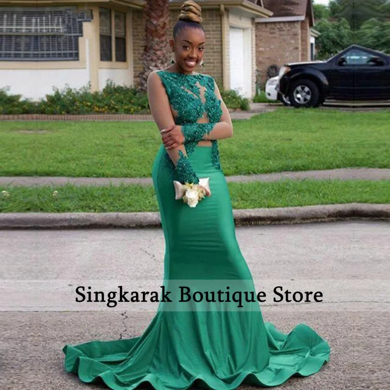 

Sexy Green Long Sleeve Mermaid Prom Dresses For Black Girls Applique Beading Illusion Formal Evening Dress Aso Ebi Robe De Bal