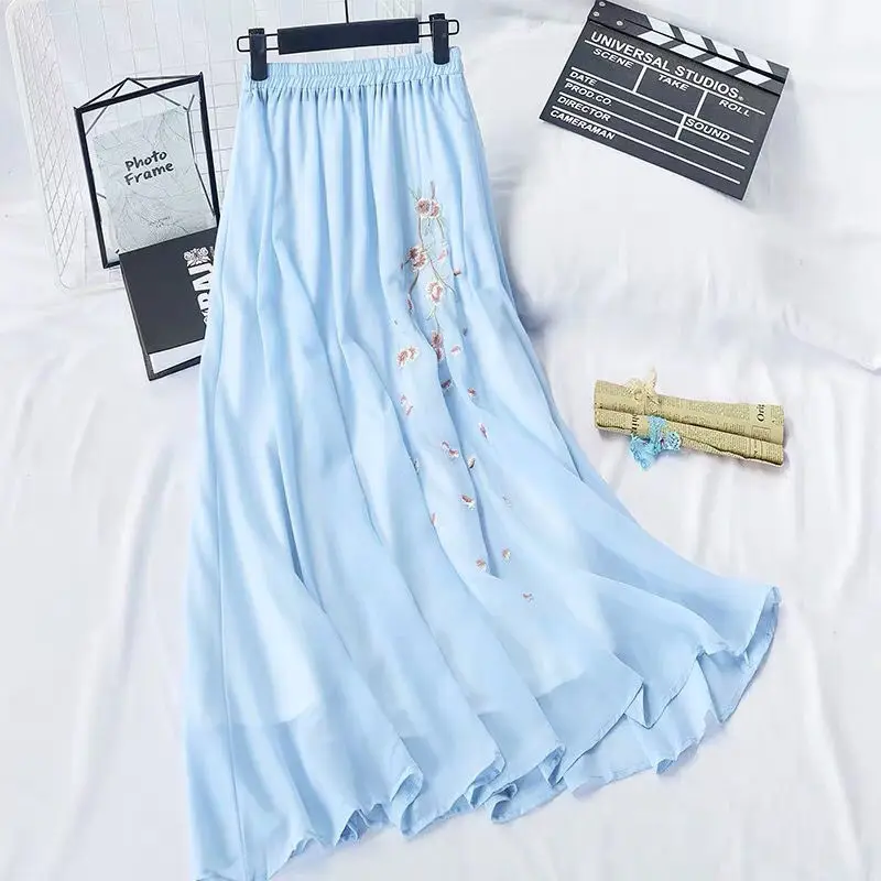 

2022 Summer Women's New Solid Color Embroidered Skirt Mesh Women's Skirt Ethnic Style Long Solid Color Casual Skirt Korean Style