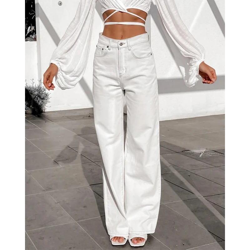 

Unireal 2022 Summer Autumn Women Straight Pant High Waist New White Casual Denim Pant Long Trousers