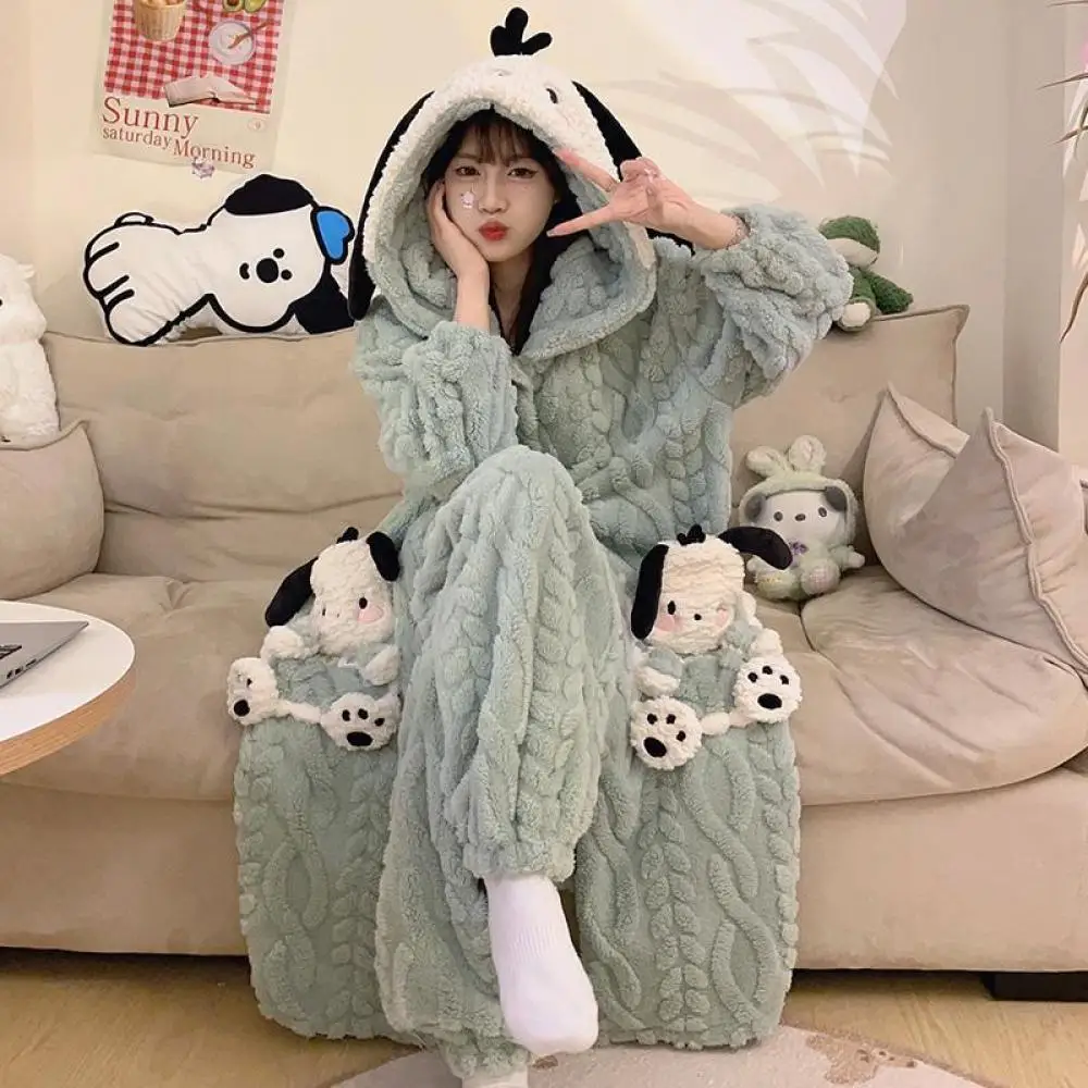 

Kawaii Sanrio Kuromi почтовые женские коралловые бархатные ночные рубашки аниме с длинным рукавом утолщенные теплые пижамы для девушек осень зима домашняя одежда