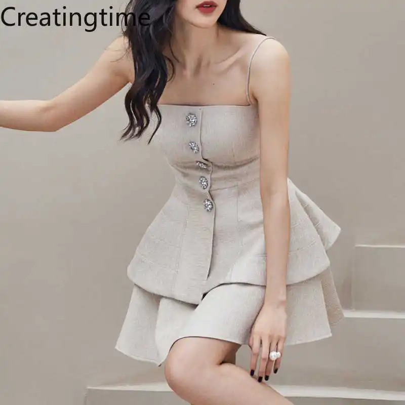 

Creatingtime, Новинка лета 2022, корейская мода, Женский Тонкий Топ на пуговицах со стразами и юбка с высокой талией, из двух частей, GA052