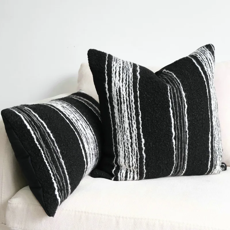 

Black and White Striped Embroidered Pillow Cases Soft Teddy Plush Pillow Cover Decorative Wabi-sabi Simplicity Cushion Covers