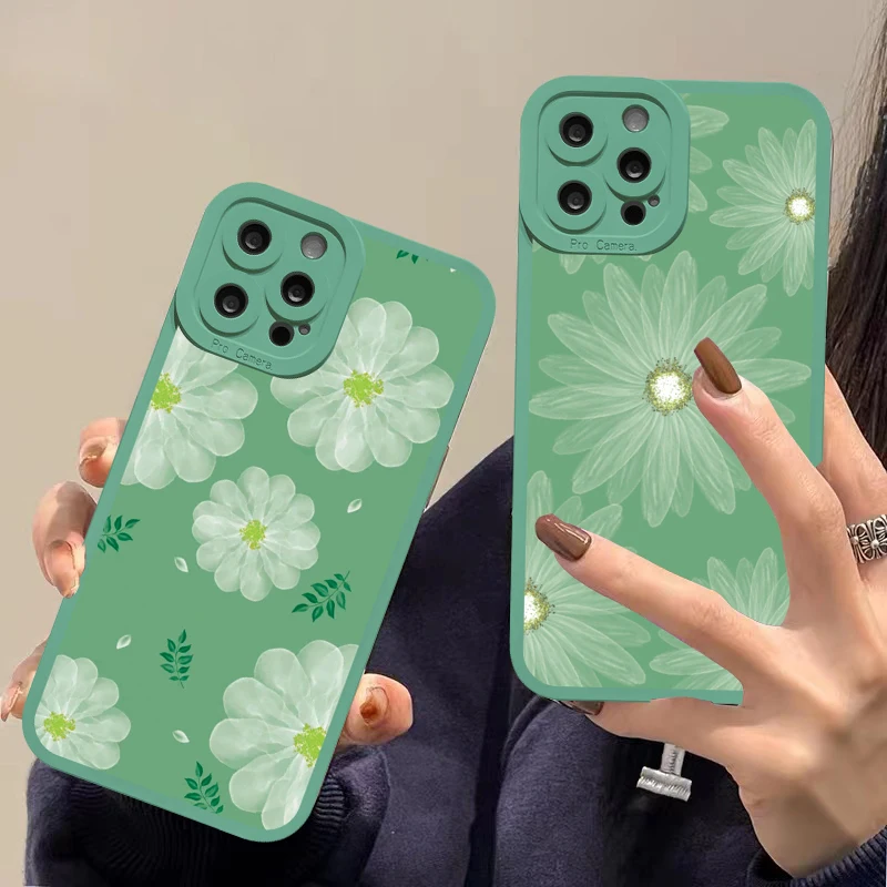 

INS beautiful flower silicone soft phone case for iphone XR X XS 12 11 13 Pro Max cover green background for iphone 7 8 Plus SE2