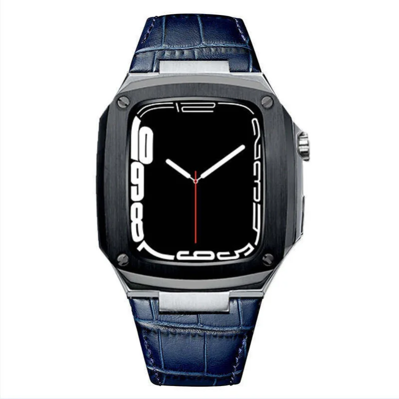 

Metal Case+Leather Strap For Apple Watch 40mm 45mm Modification Kit Luxury Calfskin Band For iWatch SE 6 5 4, Fhx-98k