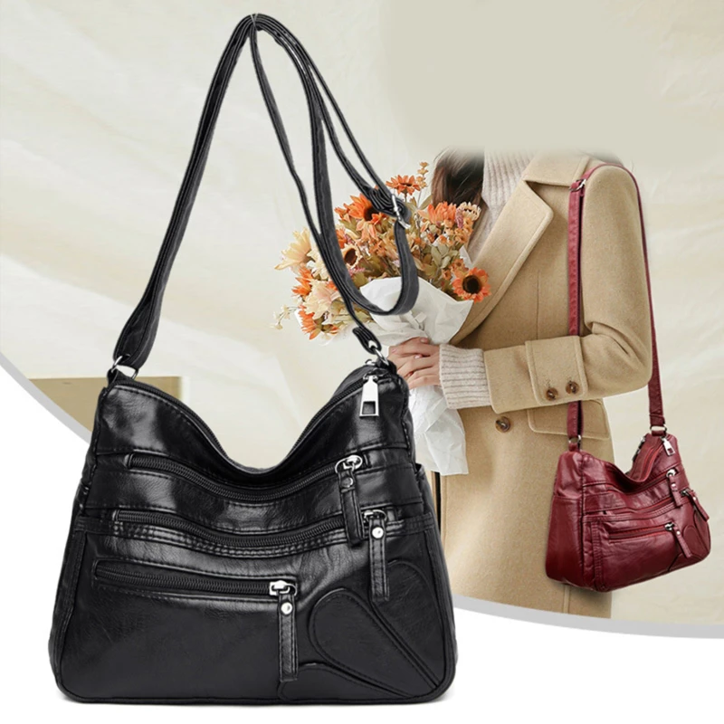 

High Quality Women Shoulder Bag Pu Leather Crossbody Bag Multi-pockets Messenger Bag Flower Patchwork Leather Purse Soft Handbag