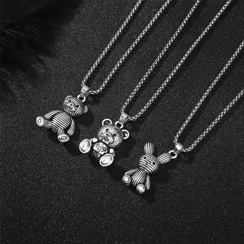 

Vintage Silver Stainless Steel Necklace Cool Tone Bear and Bunny Pendant Titanium Steel Chain Necklace
