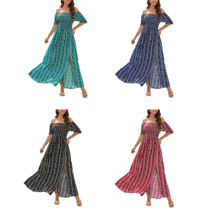 

Summer Womens Puff Sleeve Smocked Stripe Print Split Dress Off Shoulder Bohemian Flowy Dresses