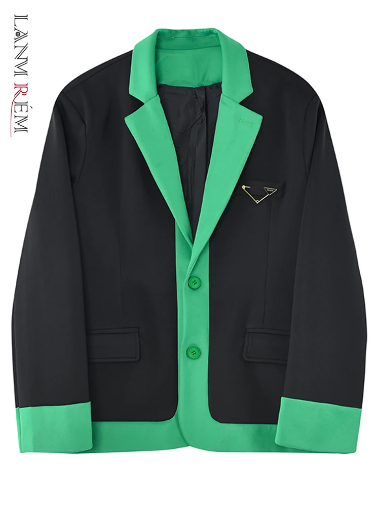 

LANMREM Color Block Blazers For Women Long Sleeves Notched Single Breasted Loose Coats Office Lady Fashion 2023 Spring 2R4523