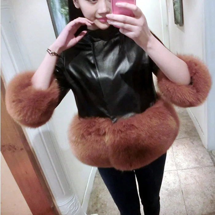 2021 Women's Winter Jacket Faux Fur High Quality New Korean Fashion PU Leather Short Coat Seven-point Sleeve Fox Fur Jackets