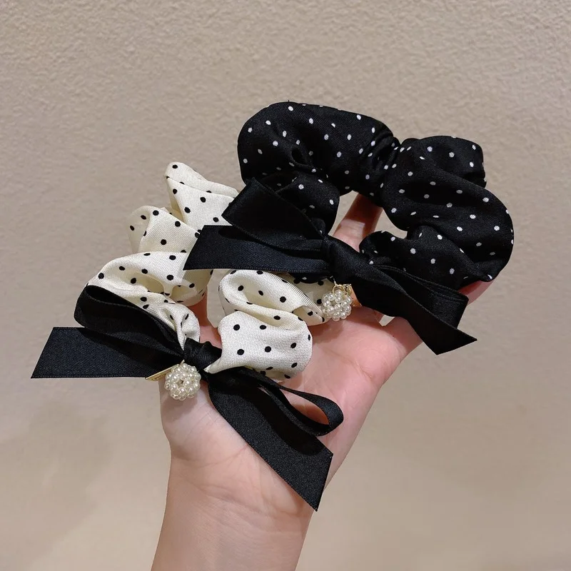 

South Korea's Dongdaemun net red new wave point bow large intestine hair ring pearl head rope girl hair rope hair accessories