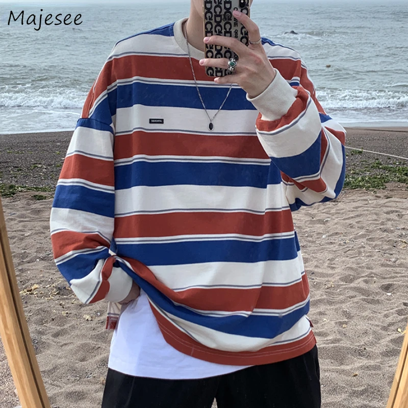 

No Hat Hoodies Men Striped Panelled Preppy Style Chic Males Long Sleeve Preppy Unisex Spring All-match Basic Leisure Cozy O-neck