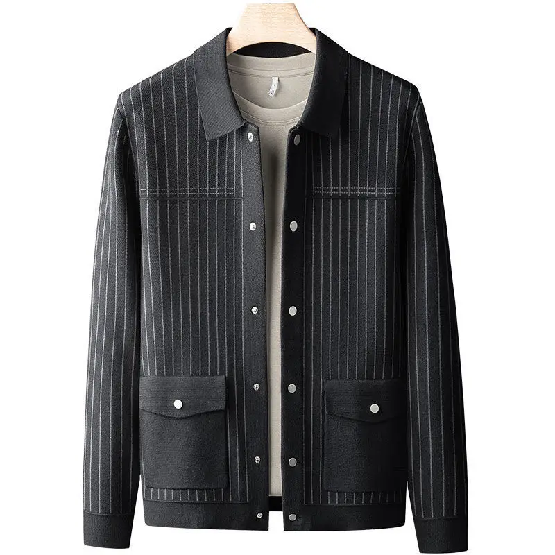

New Top Grade Brand Fashion Striped Knitwear Lapel Japanese Street Mens Cardigan Sweater Casual Coats Jacket Men Clothing D83