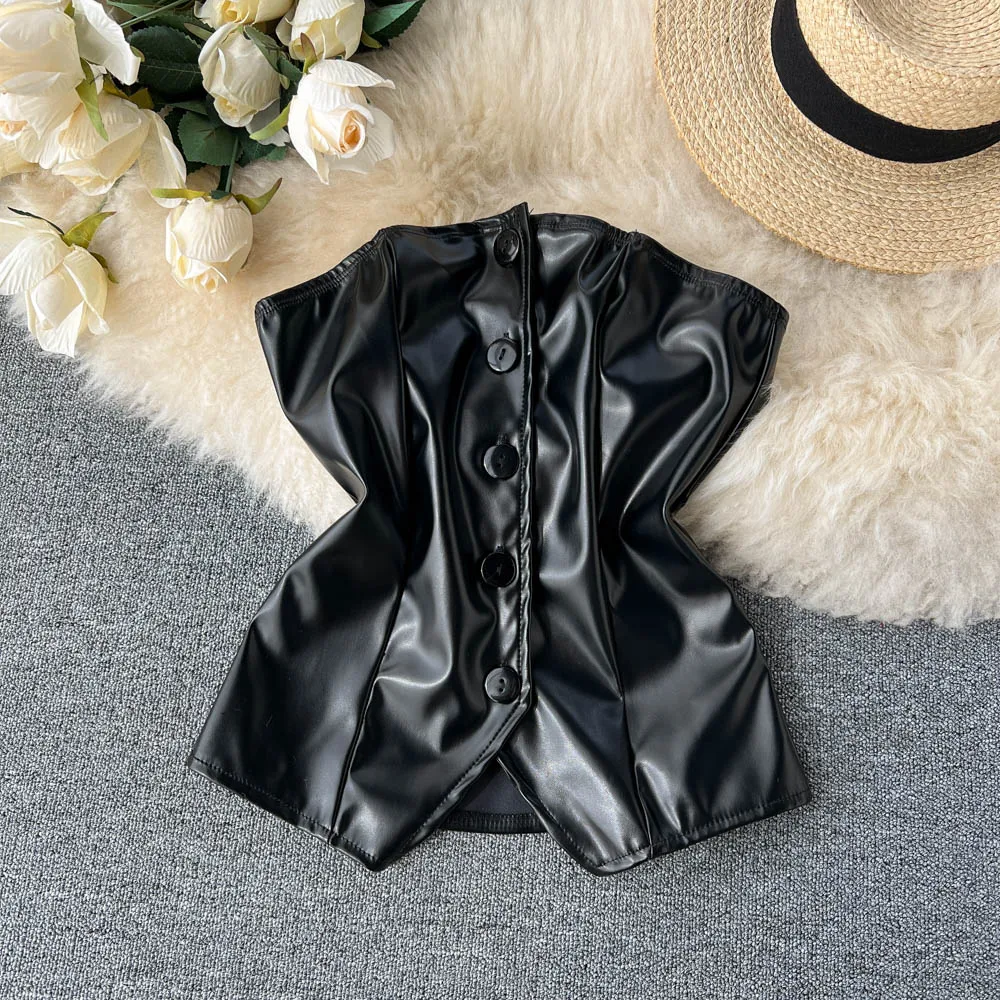 

Women Imitation Leather Irregularity Corset American Elegance Single Breasted Backless Tank Top Strapless Crop Tops Style Bra