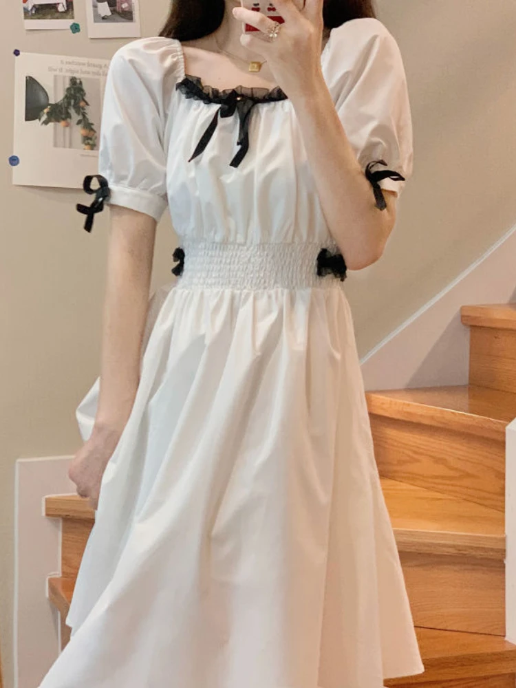 

Белое платье HOUZHOU Kawaii, летние милые кружевные лоскутные платья в стиле преппи с бантом, корейская мода, сарафан с пышными рукавами, сказочный