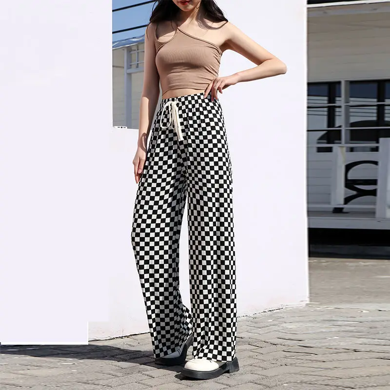 Checkerboard thin section wide-leg straight trousers women's loose Korean style high-waisted slim sagging casual pants