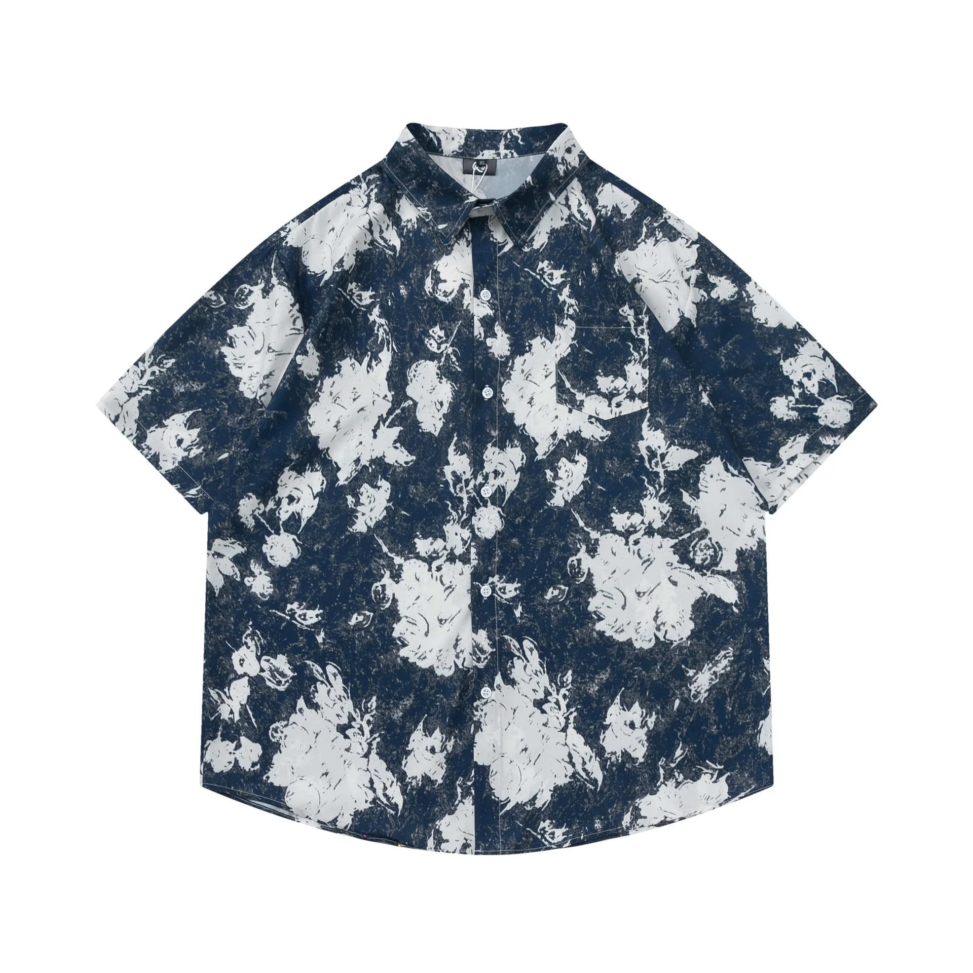 

Retro Hip Hop Snowflake Full Printed Short-Sleeved Shirt Men's Fashion Brand Loose Bf Style Casual All-Matching Flower Shirt
