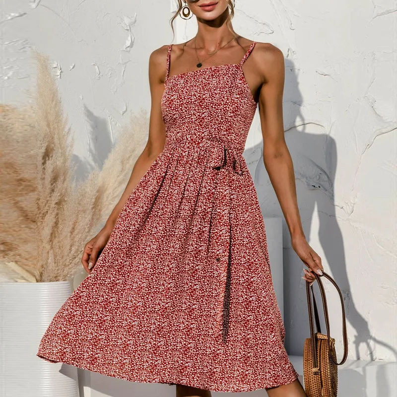 

Women's Summer Sleeveless Irregular Sling Lace Floral Dress Beach Swing Dress