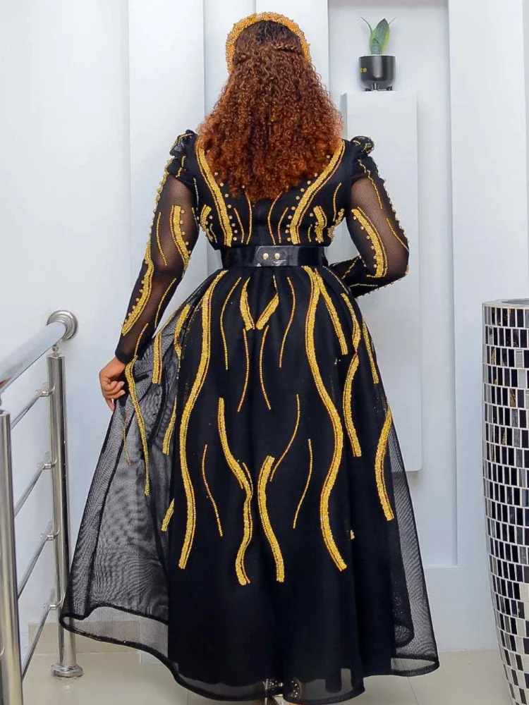 Plus Size Women Sequined Tulle Dresses Long Sleeve Golden Striped Maxi Flowy Lace Dress Spring Summer 2023 Big 3xl 4xl 5xl 6xl