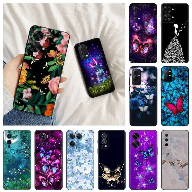 

Black Anti-Drop Phone Case For OnePlus 11 10 9 R 8 T Nord N20 N10 N200 N300 2 2T CE 5G Ace Pro Flower Nocturnal Butterfly Cover