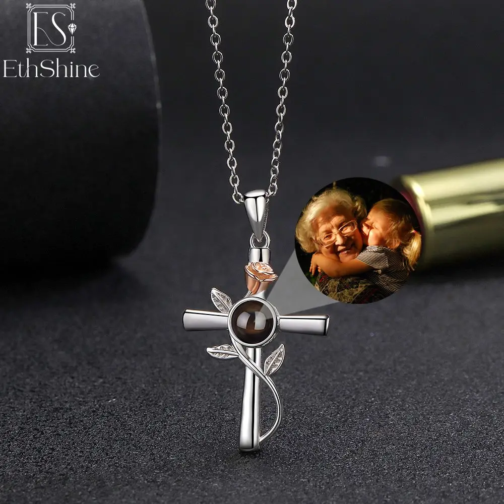 

EthShine 925 Silver Cross Necklace for Women Custom Photo Projection Necklaces Jewelry Gift for Mothers Day Valentines Day Gift