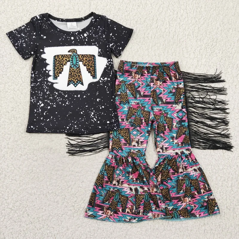 

Gobble til you wobble girl's outfit leopard print bell bottom girl letter T-shirt spring and summer children's clothing 2 pc set