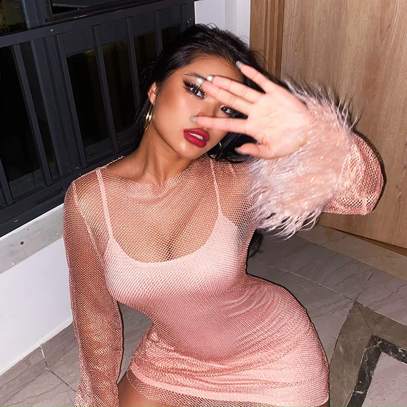 

Женское Сетчатое платье без бретелек, розовое привлекательное облегающее платье с длинным рукавом и юбкой на бедрах, платье для выпускного ...