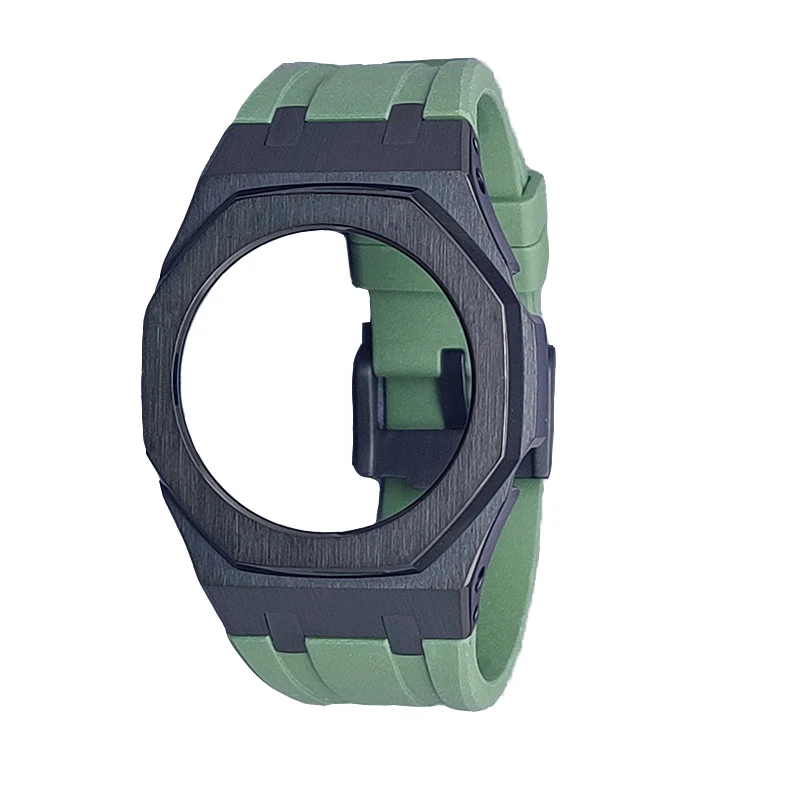 for GMAS2100 Metal Bezel Custom Shorter Fluoro Rubber watchband Stainless steel Replacement for Smallest GMA-S2100 Accessories