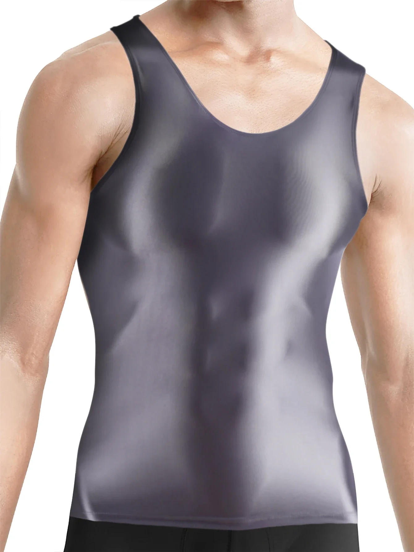 

Сексуальные мужские тренировочные костюмы, тянущийся глянцевый облегающий жилет, блестящие спортивные топы для фитнеса и бега, прозрачный купальник