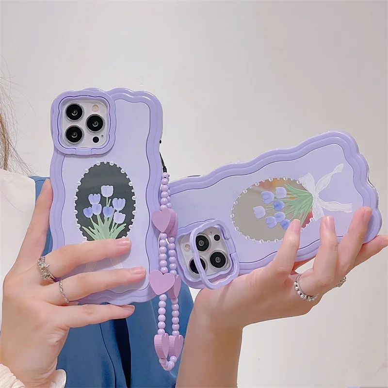 

Korea Art Purple Tulip Mirror 3 In 1 Stand Phone Case For IPhone 13 12 11 Pro Max XR XS Creative Love Chain Wavy Edge Soft Cover