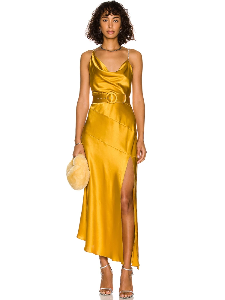 

Elegant Sleeveless Swinging Collar Slit Satin Long Slim Dress Sexy Spaghetti Strap Backless Dress Women Party Evening Club Dress